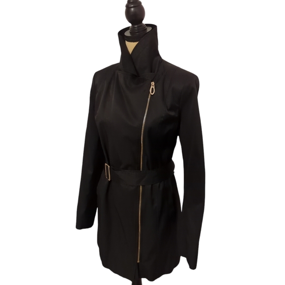 Ivanka Trump Belted Trench Coat Black Jacket Size Medium US Asymmetrical Zipper - Picture 9 of 13